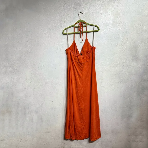 Blaxident Orange Halter Maxi Dress Flowy Empire Waist Sz L - Image 8