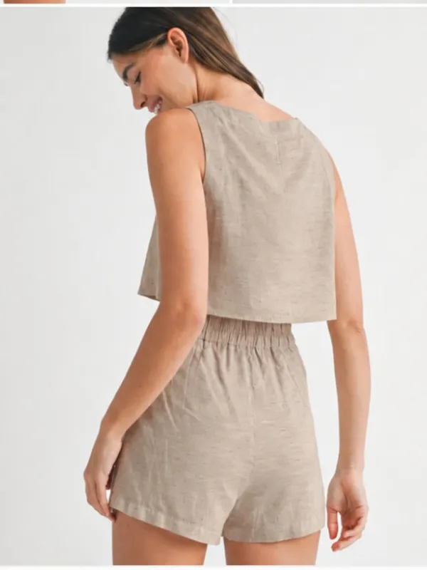 MABLE 2 Piece Matching Set - Sleeveless Crop Square Neck Tank Top & Shorts Tan L - Image 3