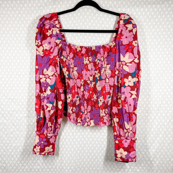Free People‎ Pink Floral Ariana Smocked Puff Long Sleeve Top - Image 2