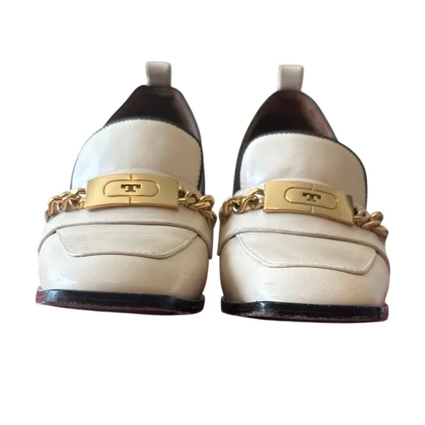 Tory Burch Perrine Heeled Loafers Cream Chain‎ Block Heel 7.5 - Image 3