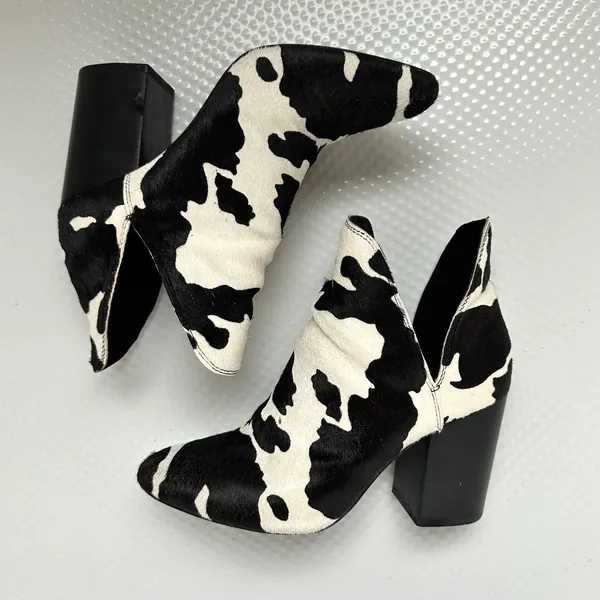 Steve Madden Cow Calf Hair Leather Ankle Boots Women 7.5 Blk White Slip On Edgy - Image 4