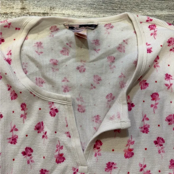 Victoria's Secret White and Pink Floral Long Sleeve Henley Long Pajama Top - Image 4