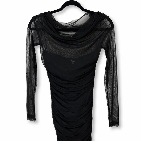 NEW Lulus Sunama Black Mesh Ruched Long Sleeve Bodycon Cocktail Midi Dress Small - Image 7