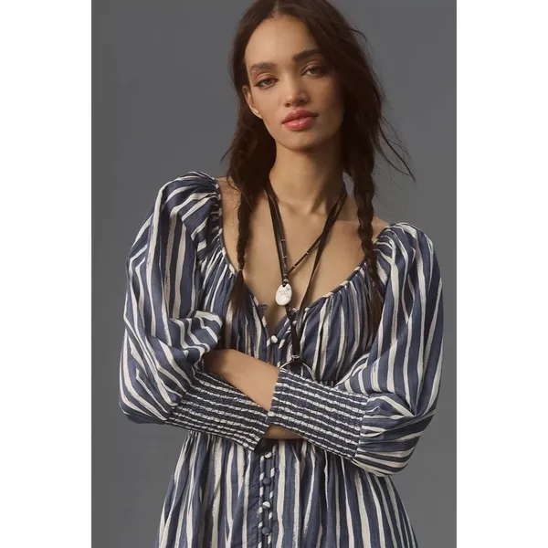 NWT!! By ANTHROPOLOGIE Long Sleeve Sweetheart Midi Dress Blue White Striped XS - Image 5