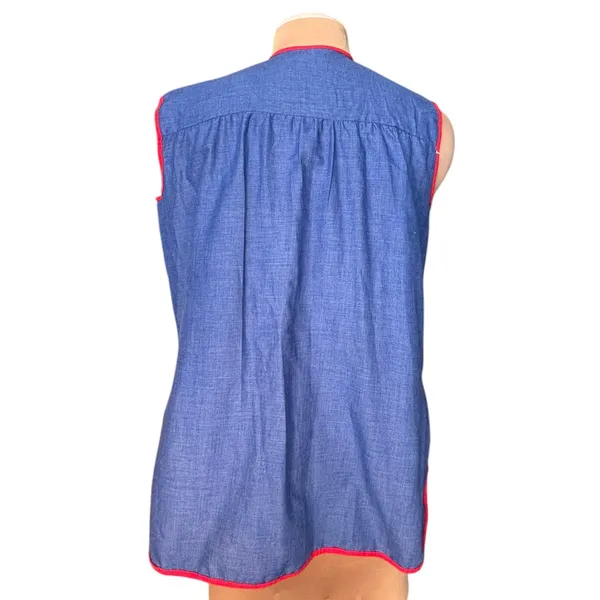 Vintage 70s Hot Air Balloon Smock Vest Blue Chambray Rainbow‎ Snap Front Top - Image 7