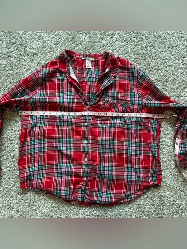 Victoria's Secret Red Pink Green Plaid Flannel Pajama Set Women’s Size Large - Image 9