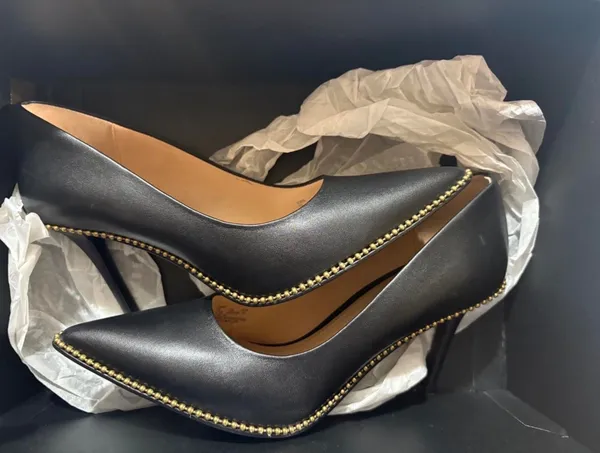 Coach black leather pointed toe pumps with gold studs along the edge, size US 6.5 - Image 5