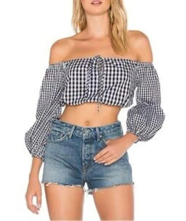 Lovers + Friends x Revolve Women’s Addison Off Shoulder Gingham Black Crop Top - Image 2
