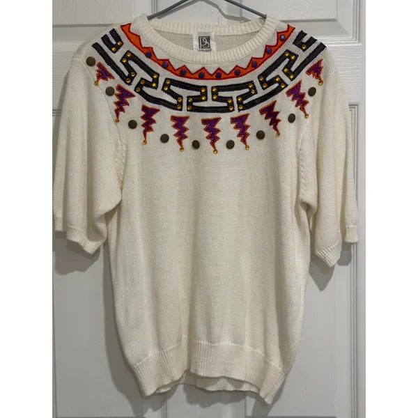 Vintage 90s Embroidered Yoke Short Sleeve Sweater‎ Cream Ramie Cotton Medium - Image 3