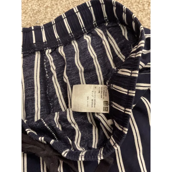 Uniqlo Navy White Striped Cropped Wide Leg Pants Drawstring Elastic Waist, M - Image 5