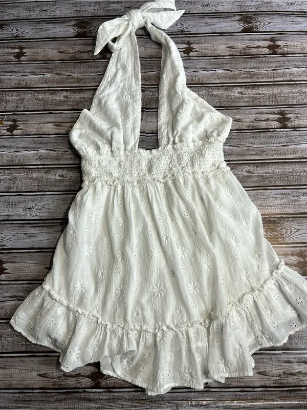 Aerie White Halter Eyelet Mini Dress - Smocked Waist Size Medium - Image 2