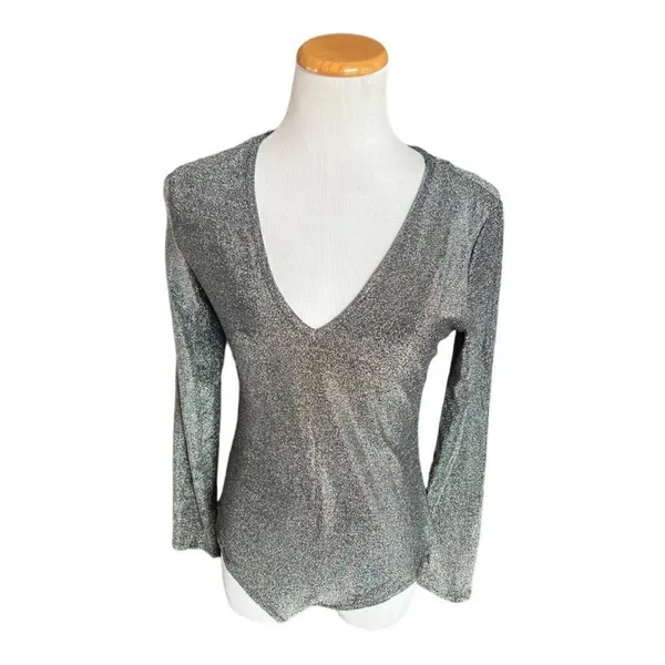 NWT Womens BelleLovin Metallic Silver Gunmetal Long Sleeve Bodysuit - Sz L - Image 2