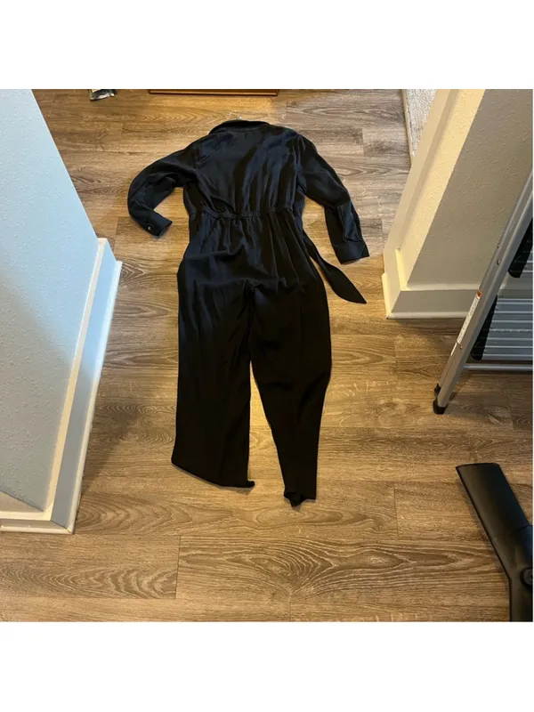 LOFT Classic Black Button-Front Long Sleeve Jumpsuit | Size 6 - Image 4