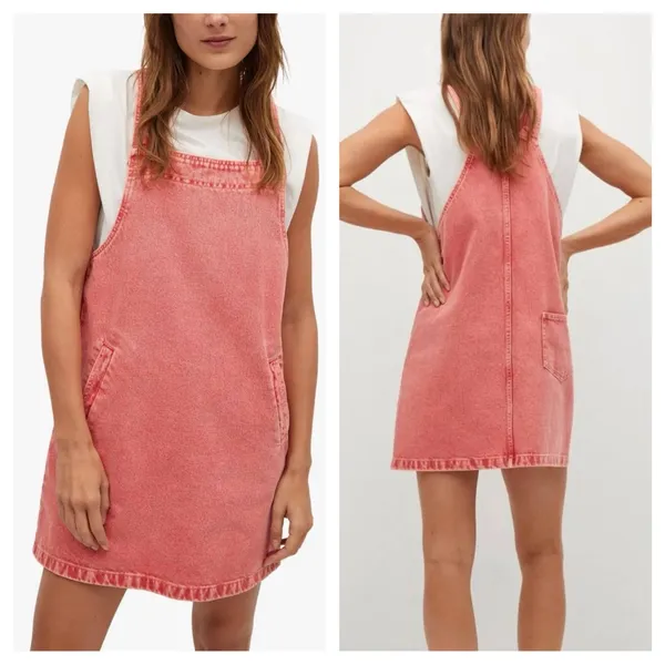 Mango Pocket Denim Pinafore Dress Faded Red/Pink Sz 2 Soft Girl Vibes Y2K‎ Era - Image 2
