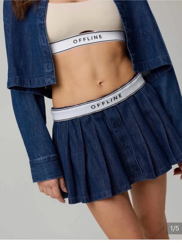 Offline by Aerie Oxford Mini Skort Denim Skirt w built in shorts Small Pleated - Image 4
