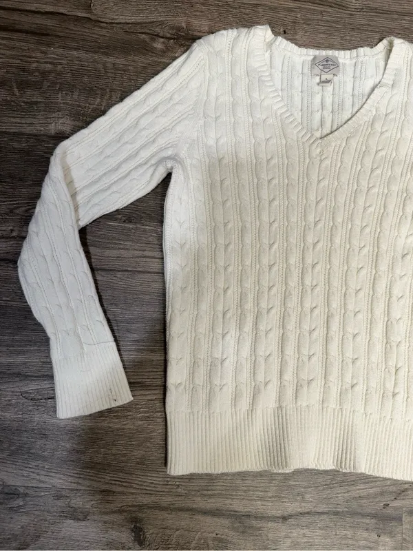 St. John’s Bay Cable Knit V-Neck Sweater White Cream Cotton Blend Size L - Image 3