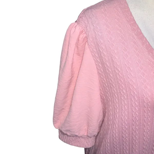 Women's Pink V-Neck Short Sleeve Puff Sleeve Shirt Dressy - Image 2