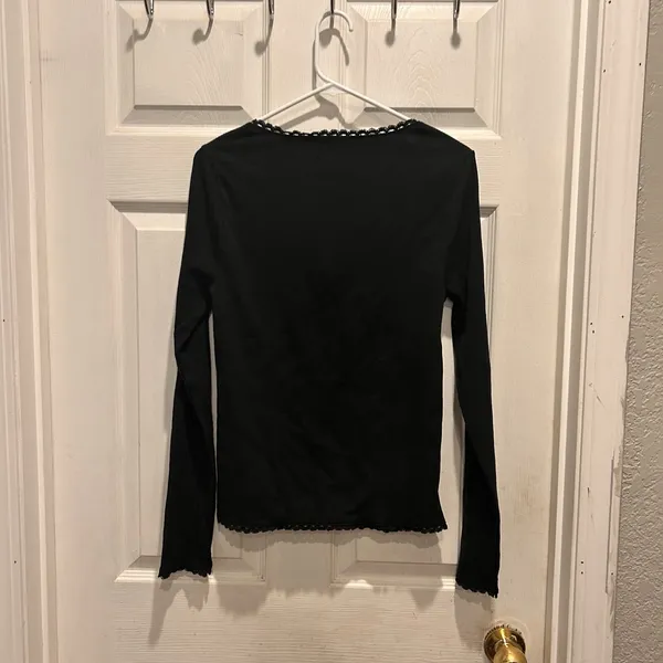 J. Crew Scoopneck Lace‎ Trim Henley Button Down Black Size Large Cotton Modal - Image 5