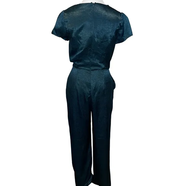 Lulus Let Me Entertain You Dark Green Satin Wide Leg Jumpsuit Tie Front Size XS - Image 6
