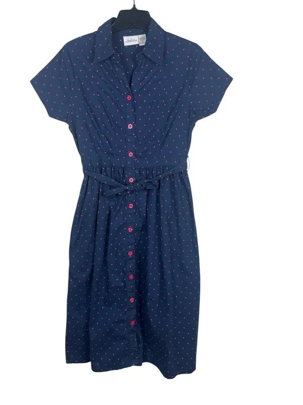 Vermont Country Store S Navy Pink Polka Dot Shirt Dress Cotton Tie Waist Cottage - Image 2