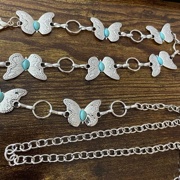 Silver Y2K Western Butterfly Turquoise Chain Belt, Fits 24-42 Inches, X7GA1343 - Image 7