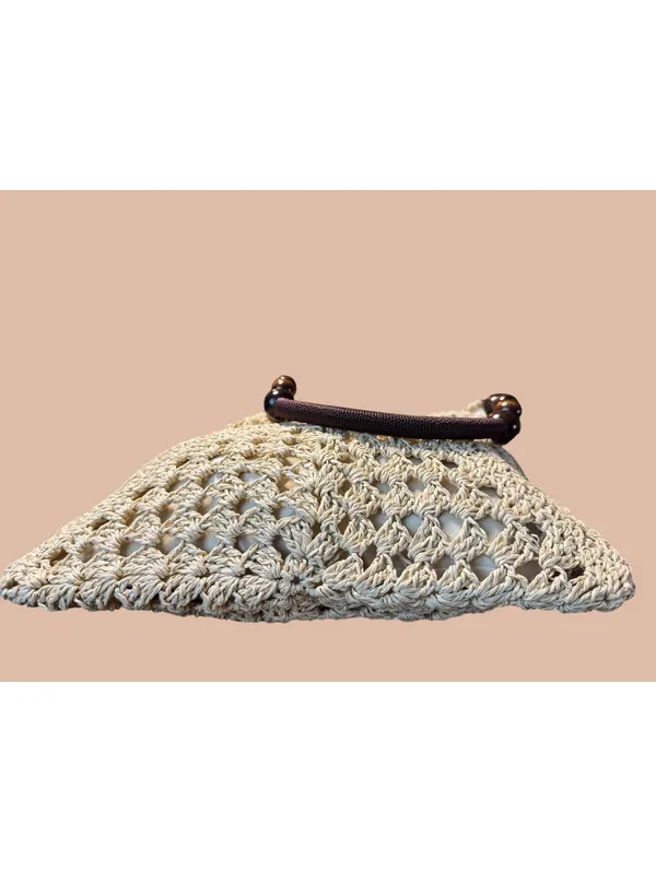 Crochet Straw Hobo Bag Bead Hollow Shoulder Bag Khaki Color - Image 3