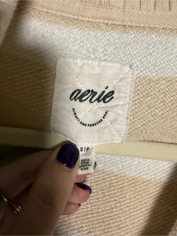aerie Beige and White Striped Quarter-Zip Sweater - Image 6