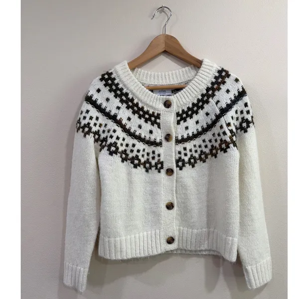Old Navy Womens Fair Isle Cardigan Sweater Cream‎ Brown Blue Button Front Small - Image 9