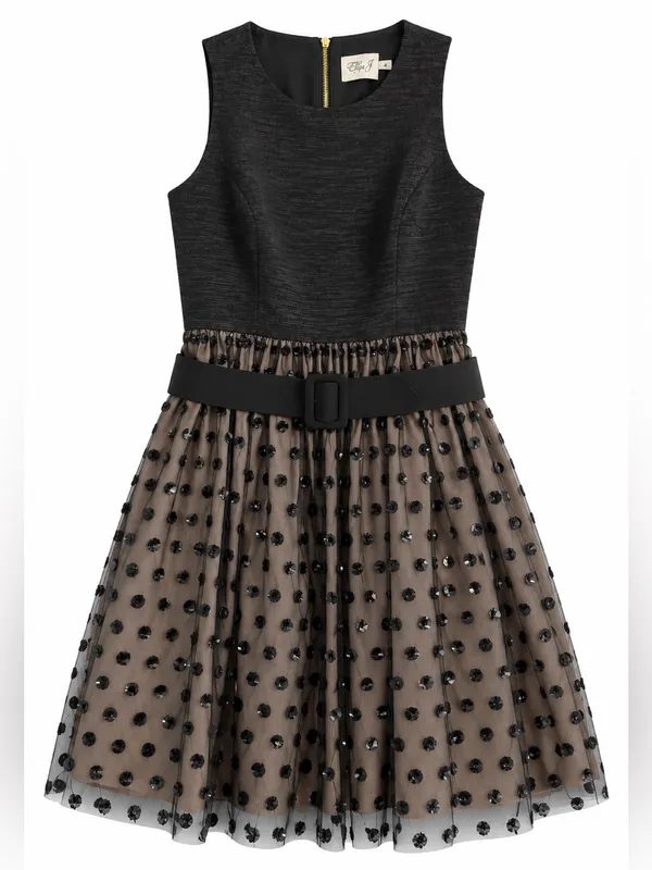 Eliza J Cocktail Dress Womens 6 Black Tan Excellent Sequin Polka Dot Belted - Image 5