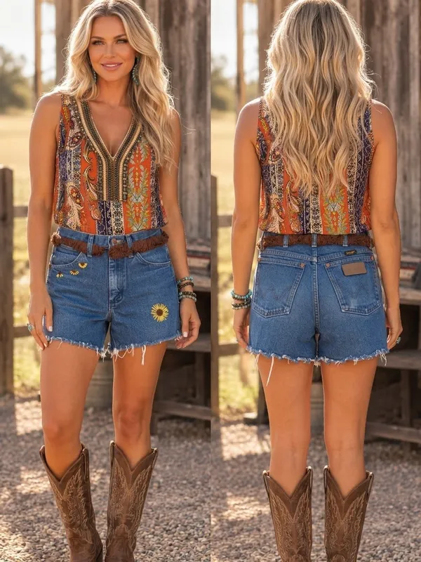Reworked Vintage Wrangler Denim Shorts Size 27 Embroidered Sunflowers Fringe - Image 2