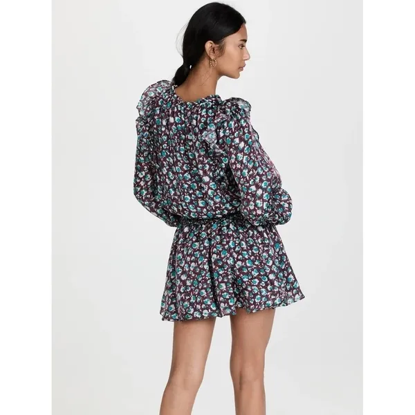 RAMY BROOK Silk Penelope Dress Roco Floral Mini Ruffled Smocked Purple Teal XS - Image 9