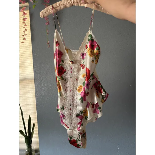 Vintage Victoria’s Secret Floral Satin Lace Teddy Bodysuit Size P - Image 5