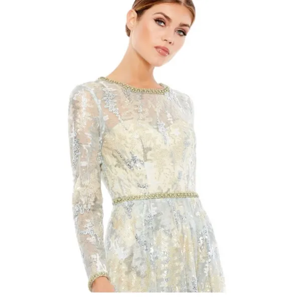 NWT Mac Duggal Long Sleeve Embellished Mesh Gown in Platinum 12460 Sz 8 Wedding - Image 3