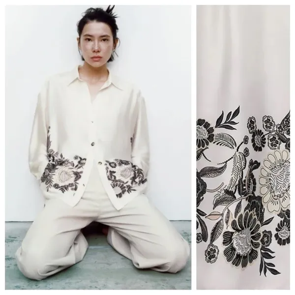 Zara White Satin Effect Printed Flowing Collared Shirt Size XS - Image 2
