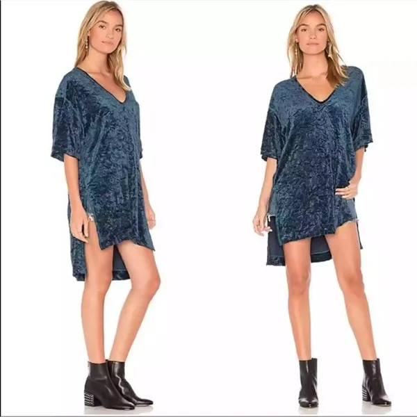 Free People Tunic Dress Womens Teal Crushed Velvet V-Neck High‎ Low XS - Image 2