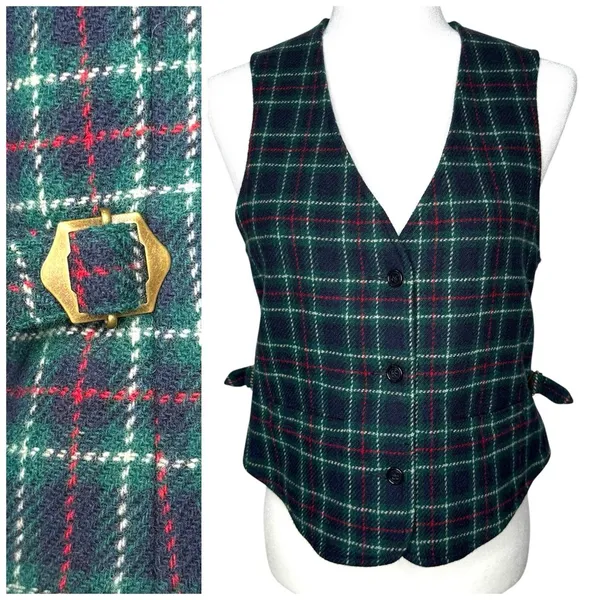 Vintage Eddie Bauer Vest S Lambswool Wool Waist Coat Buckle Plaid‎ Academia - Image 2