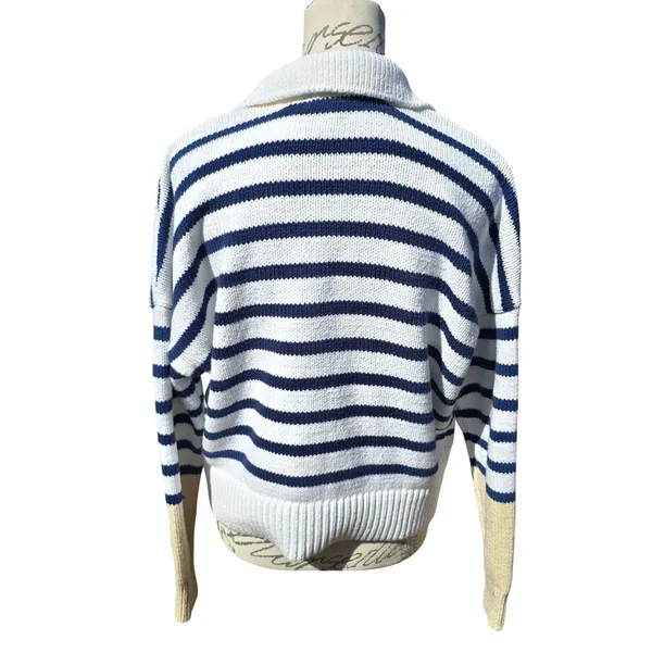 Madewell Striped Polo Sweater Medium‎ White Navy Blue V-Neck Knit Top P2709 - Image 3