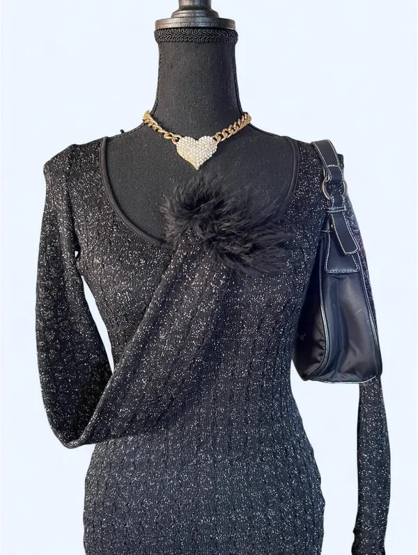 PrettyLittleThing Glitter Sheer Feather Cuff Bodycon Mini Dress size 2 - Image 3
