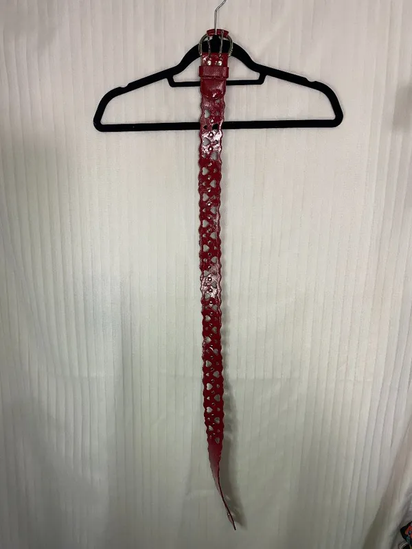 Vintage Red Heart Cutout Leather Belt Scalloped Edge Silver Tone Buckle 36" - Image 2