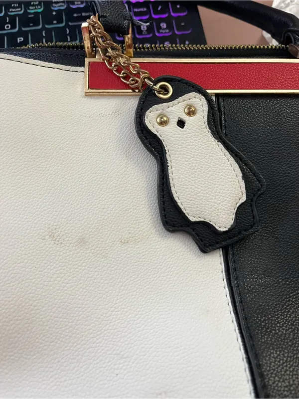 Color Block Satchel Handbag Penguin Charm Structured Faux Leather Black White - Image 5