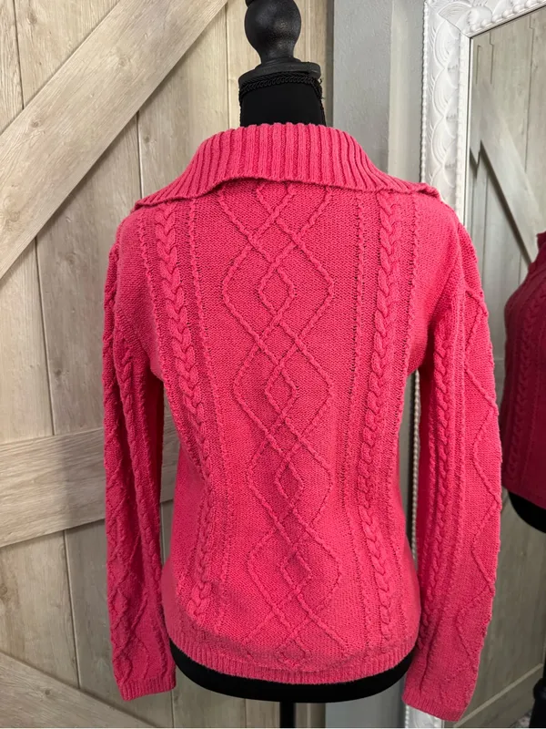 Y2K Barbiecore Hot Pink Cable Knit Polo Sweater - Small - Medium - Image 4