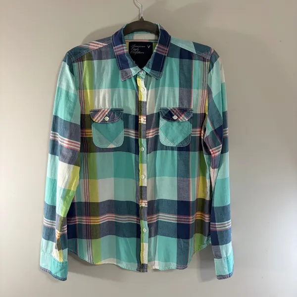 American‎ Eagle Outfitters Teal Plaid Button Down Shirt Womens Large L/G Cotton - Image 2