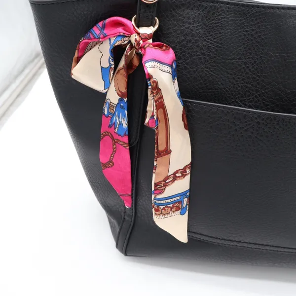 Black Faux Leather Tote Bag with Scarf Accent Gold Hardware Large Shoulder Purse - Image 2
