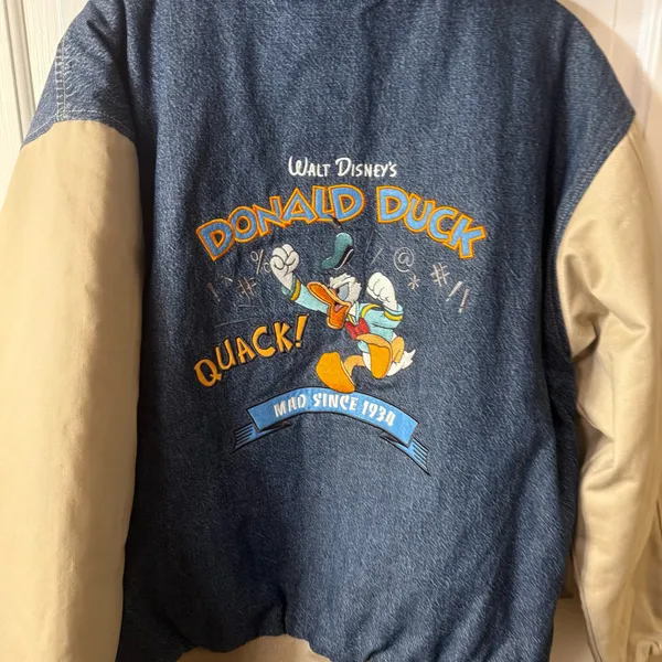 Vintage Disney Donald Duck Varsity Denim Jean And Khaki Jacket With Hood Size M - Image 7