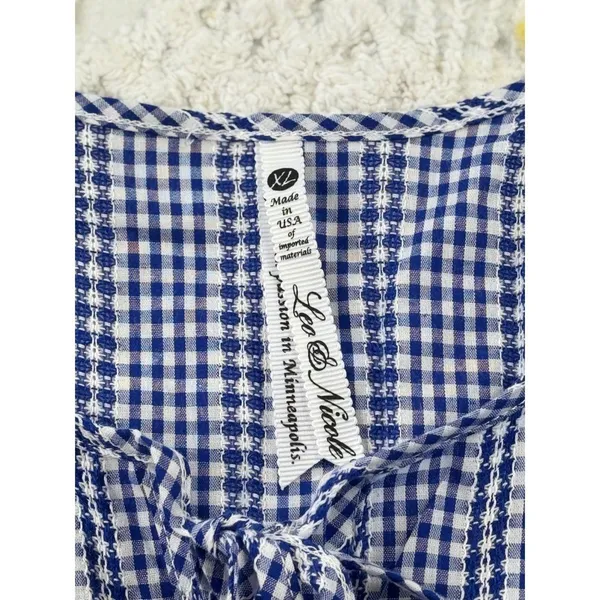 Blue White Gingham Tie Neck 3/4 Sleeve Blouse Shirt‎ Women's Plus Size XL - Image 7