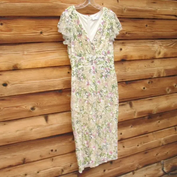 Mac Duggal Womens Floral Embellished Flutter Cap Sleeve Dress 5722 Cream - Image 8