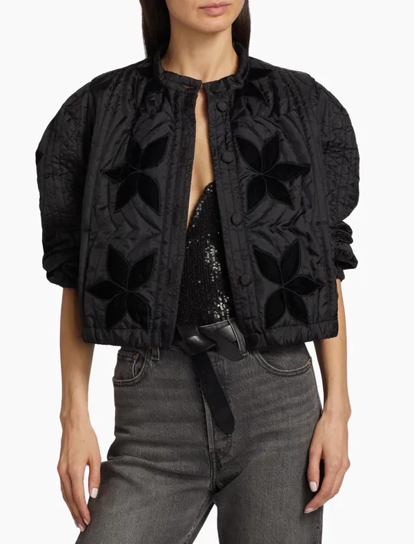 Free People Quinn Quilted Jacket with Velvet Floral Detail in Black - Image 2