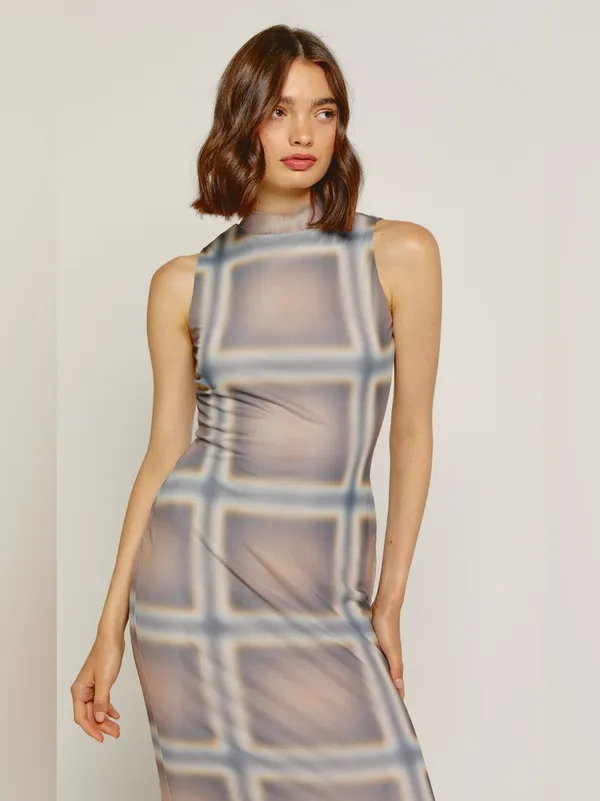 Another Girl Beige Checked Sleeveless High Neck Maxi Dress Size Large - Image 2