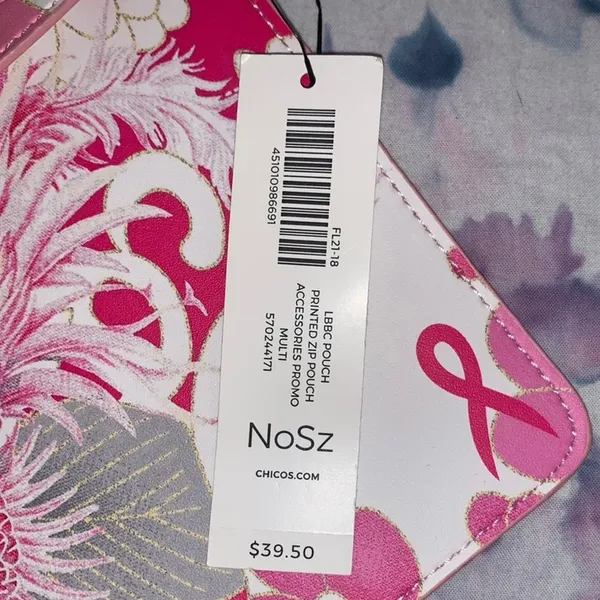 Chico’s Breast Cancer Awareness Pink‎ Floral Wristlet Clutch NWT Ribbon Zipper - Image 5