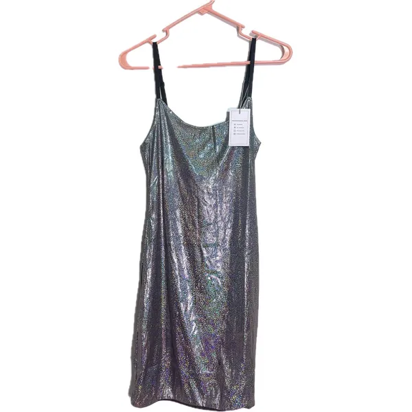 NWT Womens Silver Holographic Metallic Bodycon Party Midi Dress Medium - Image 3